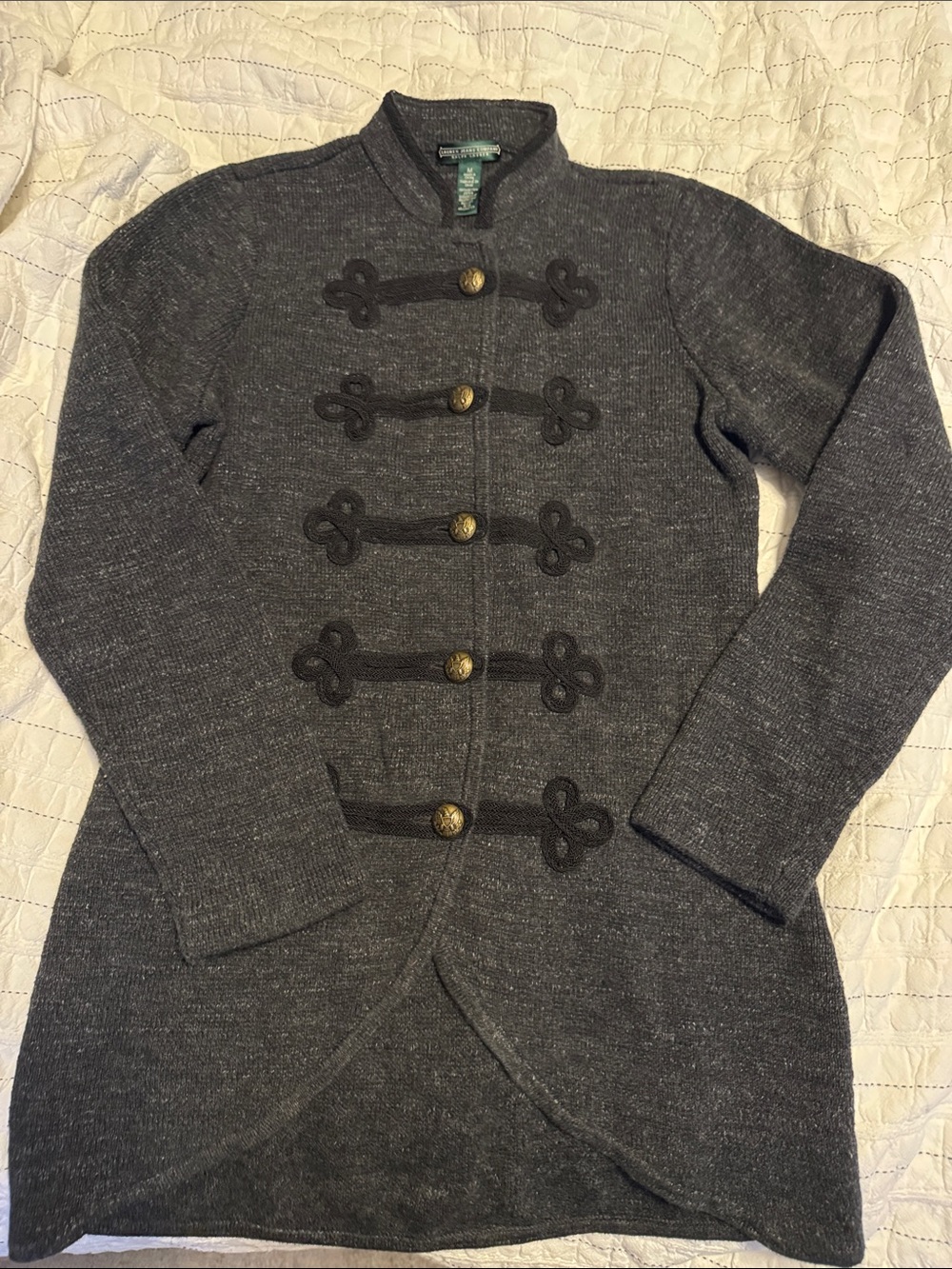 Never worn Gray Military-Style Knit Coatigan with Brass Buttons